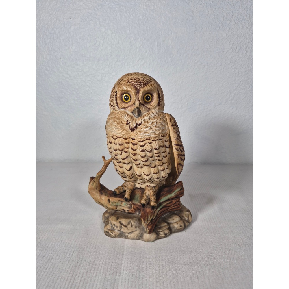 Vtg Enesco Snowy Owl Ceramic Figurine on Branch E 9029 Brown Tan Yellow Eyes